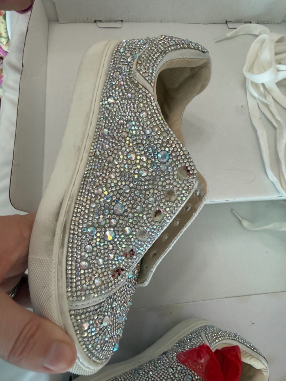 Betsey Johnson Silver Rhinestone Kids Sneakers with Red Ribbon Laces